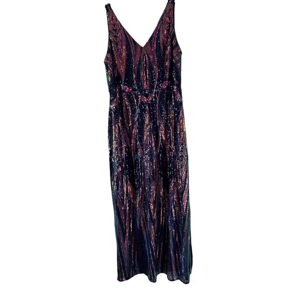 Nightway 18W Iridescent Sequin Gown Navy Blue Art Deco Formal Maxi Dress Slit